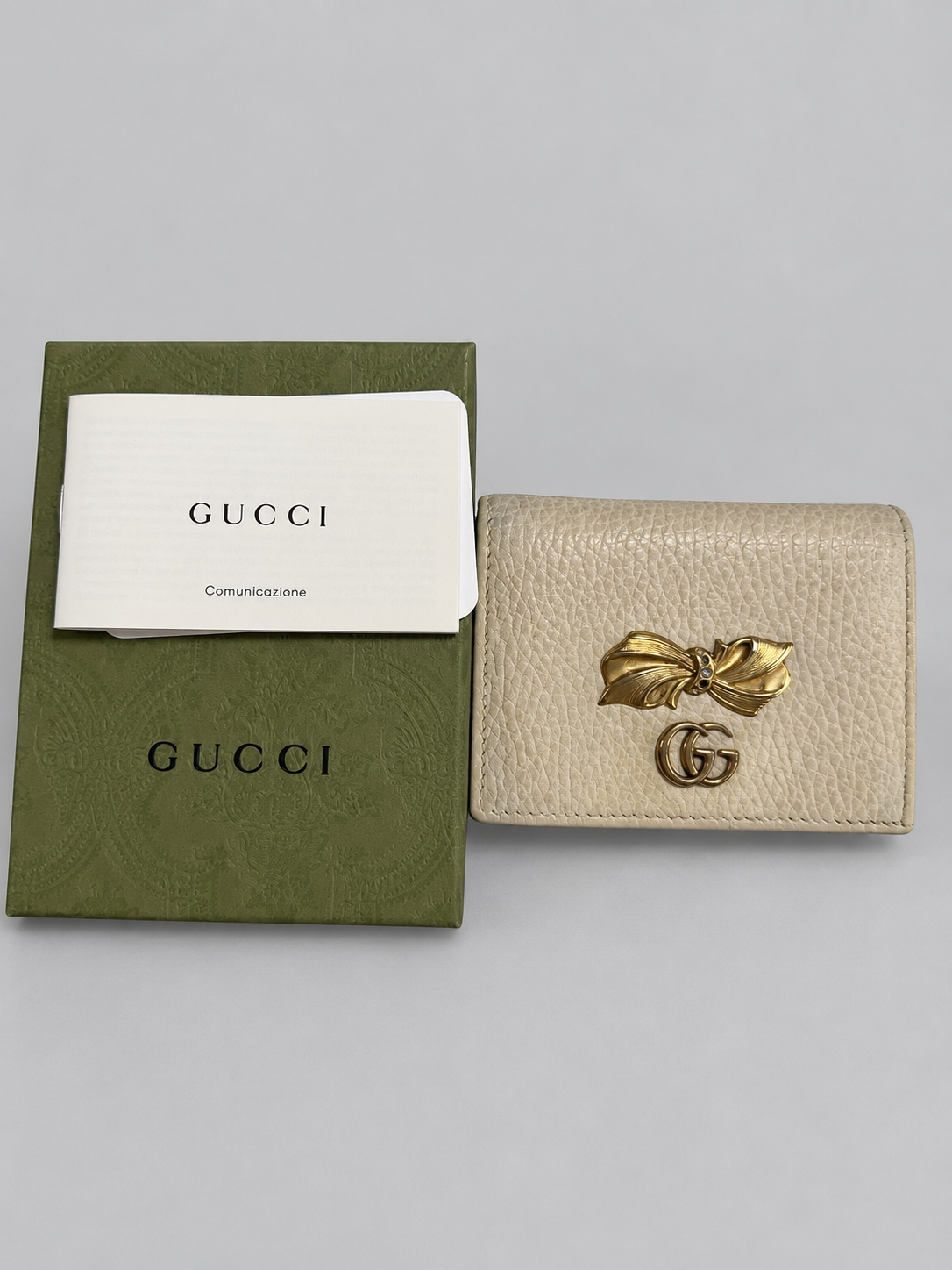 Gucci Pebbled Leather Marmont Flap Card Wallet Holder With Bow