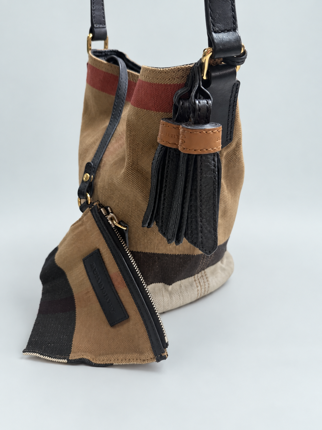 Burberry Ashby Bucket Small Tassel Haymarket Check Crossbody