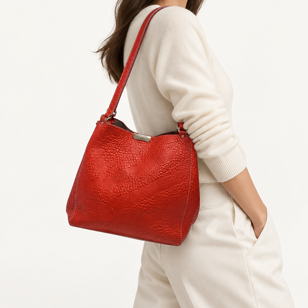 Burberry Embossed Check Tote in Orange