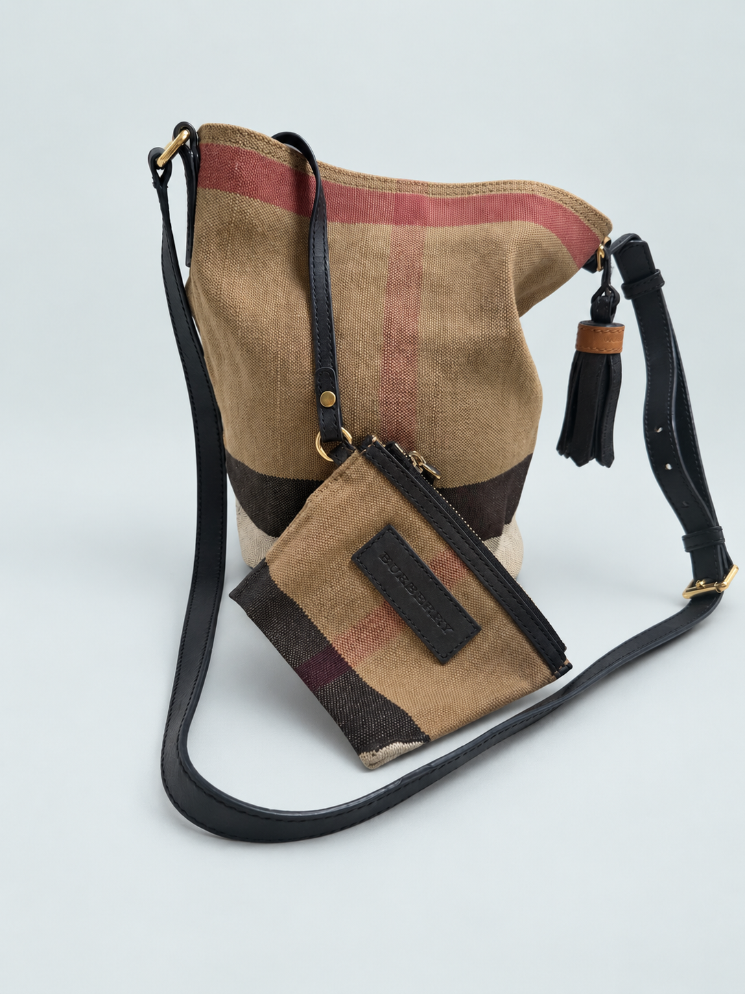 Burberry Ashby Bucket Small Tassel Haymarket Check Crossbody