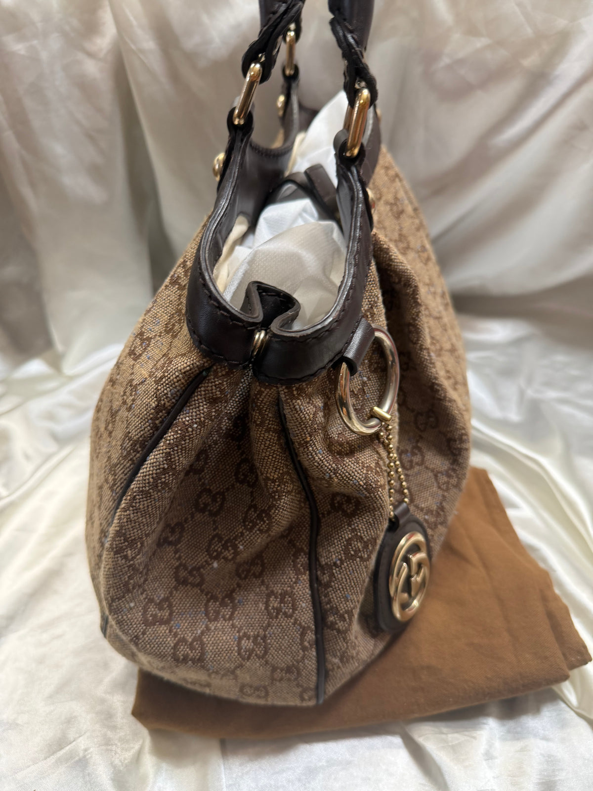 Gucci Monogram Canvas Denim Brown Sukey Medium Tote Shoulder Bag