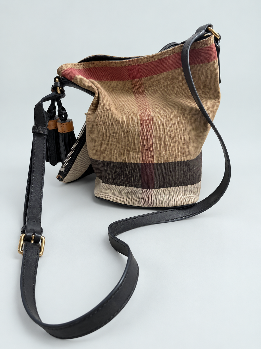 Burberry Ashby Bucket Small Tassel Haymarket Check Crossbody