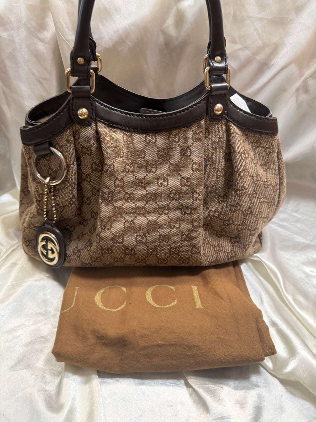 Gucci Monogram Canvas Denim Brown Sukey Medium Tote Shoulder Bag