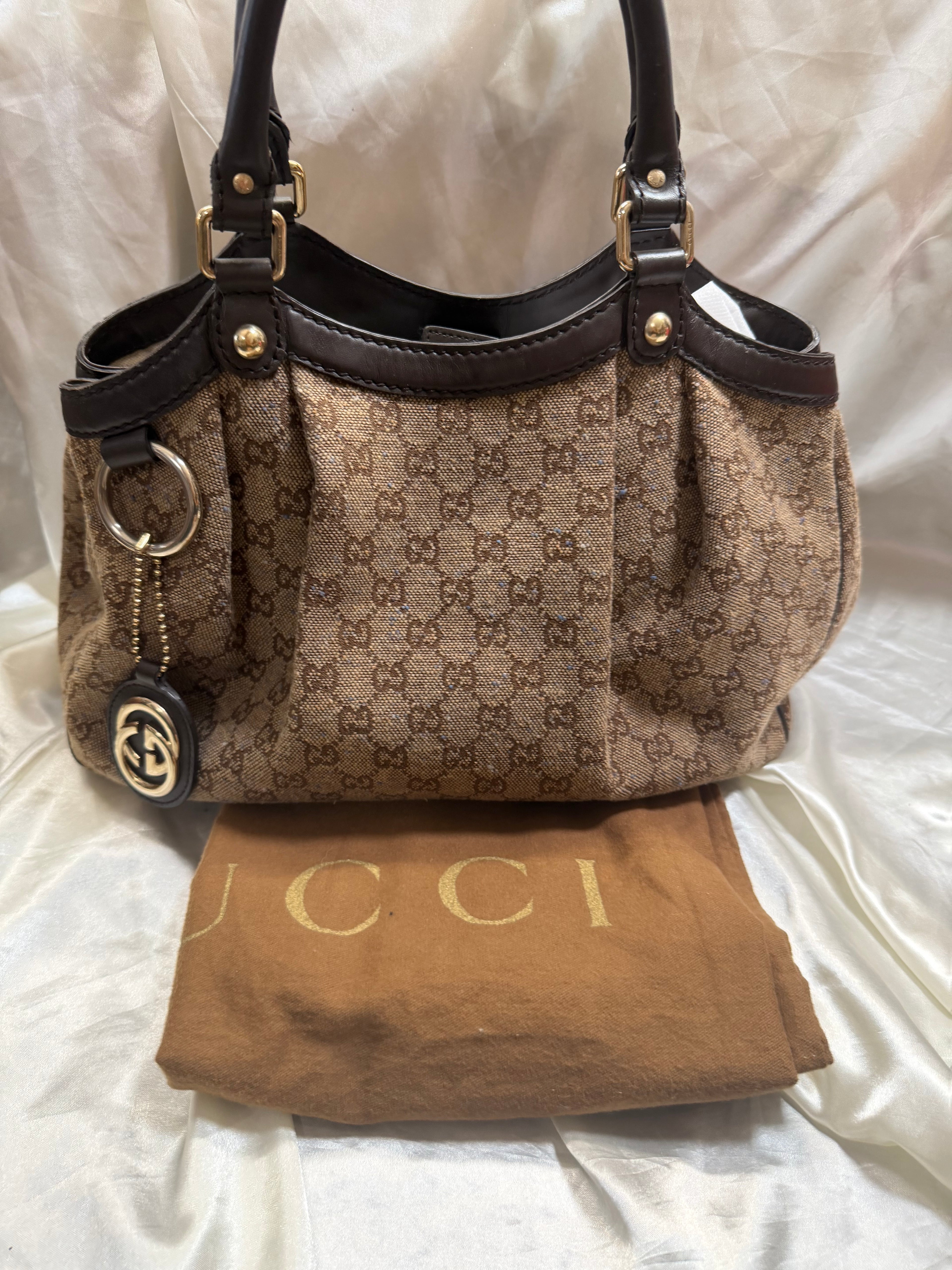 Gucci Monogram Canvas Denim Brown Sukey Medium Tote Shoulder Bag