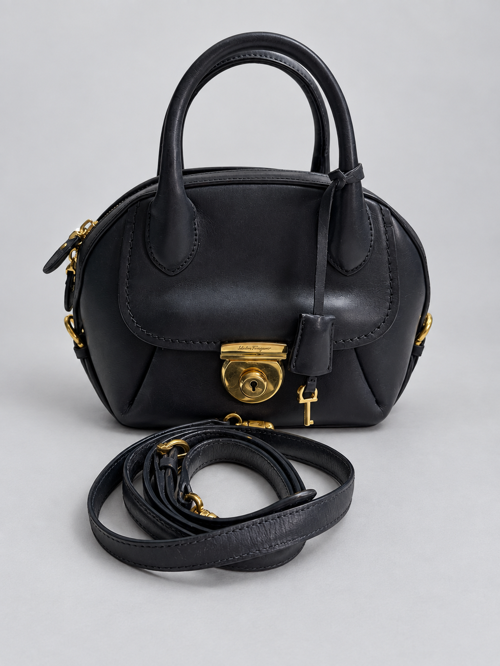 Salvatorre Ferragamo Fiamma Small Dome Crossbody Messenger in Navy Blue