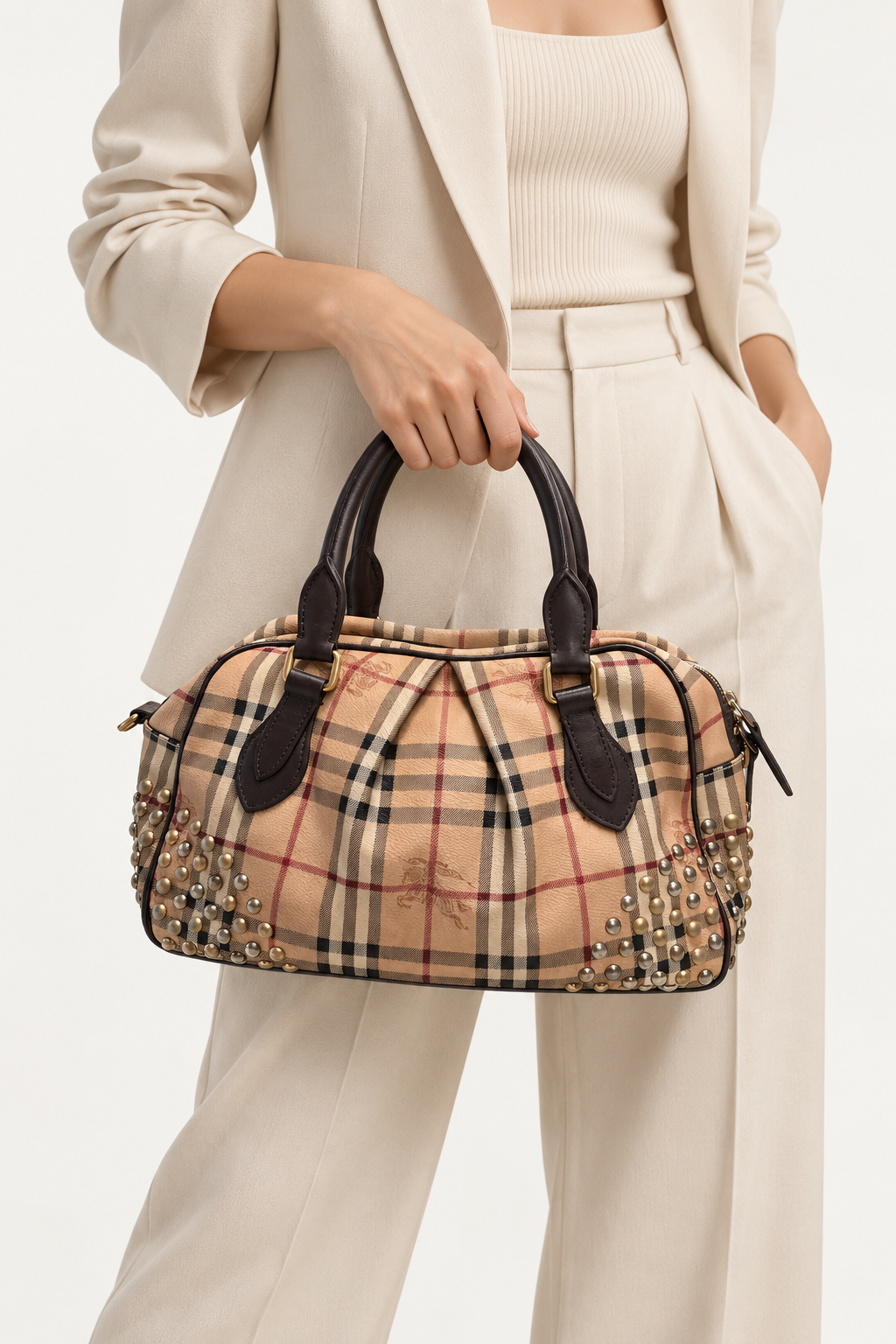 Burberry Haymarket Check Studded Bag in Brown