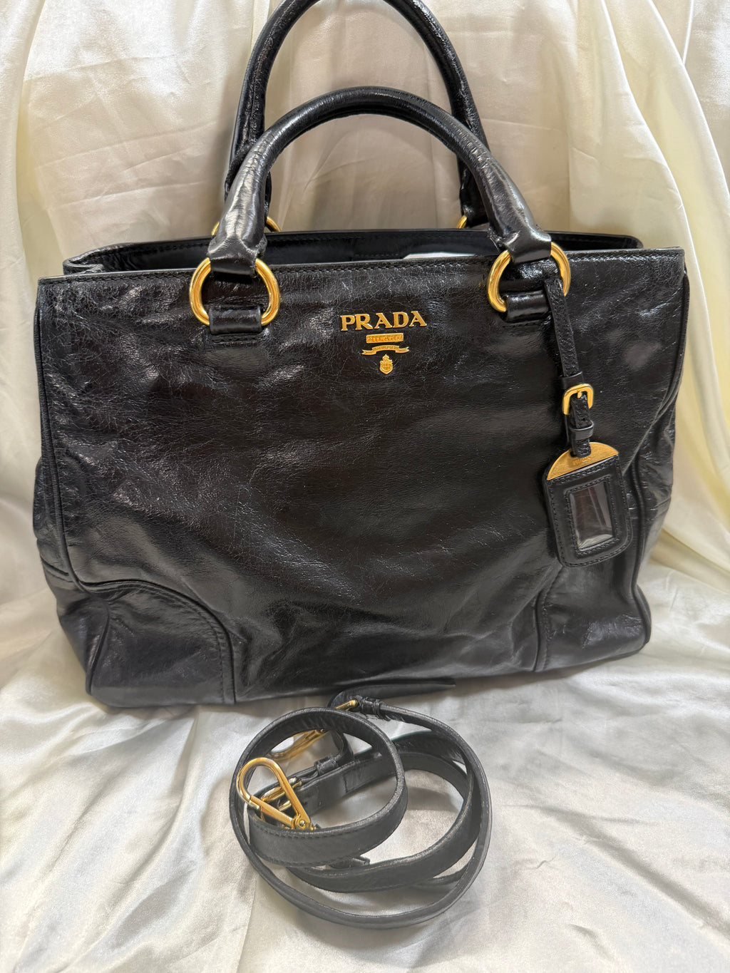 Prada Vitello Shine Leather Crossbody in Black