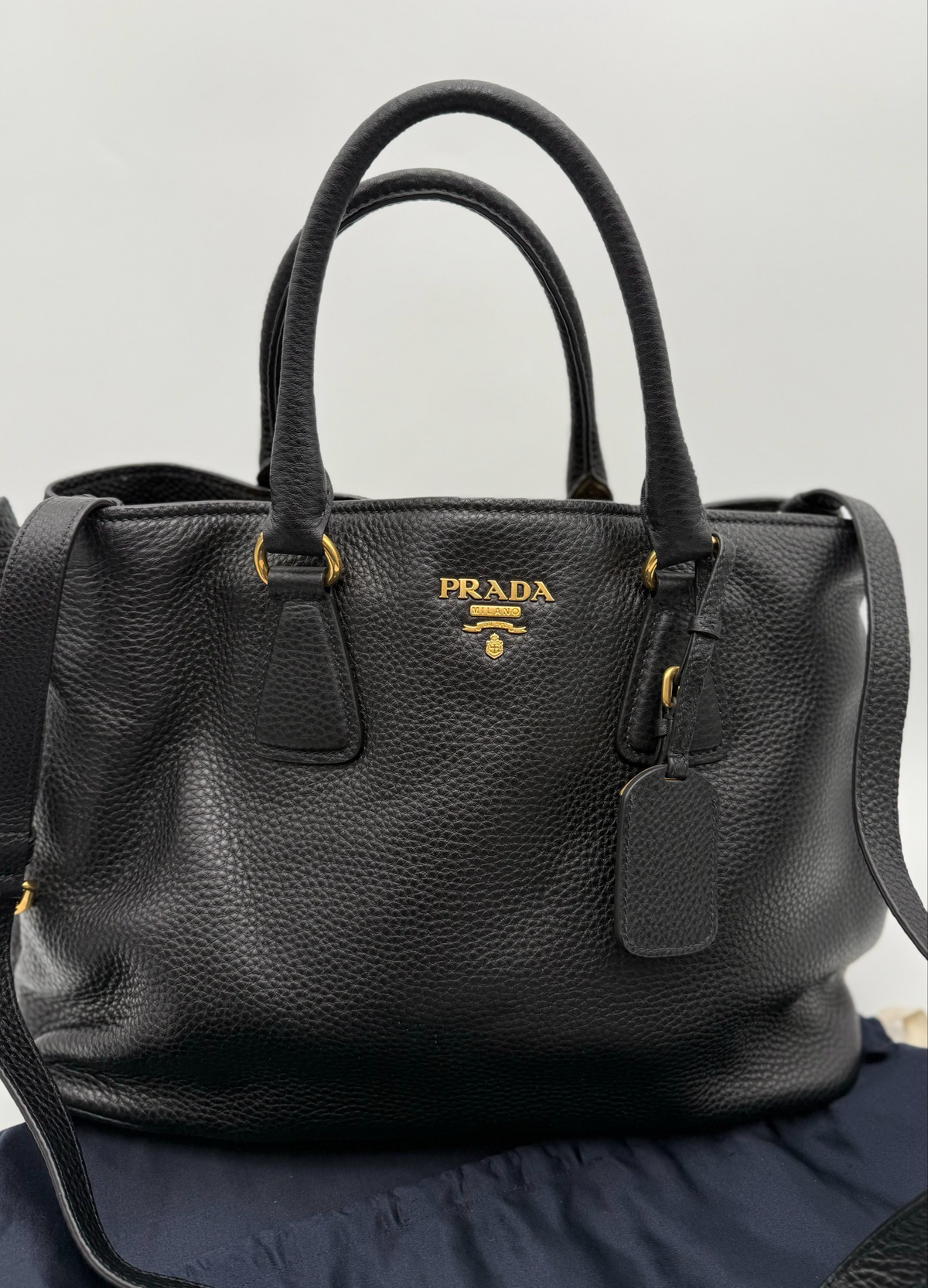 Prada Vitello Daino Pebbled Leather Convertible Shopper Tote Black