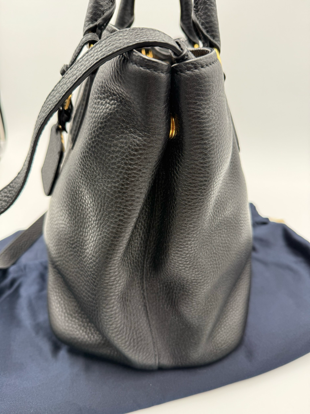 Prada Vitello Daino Pebbled Leather Convertible Shopper Tote Black