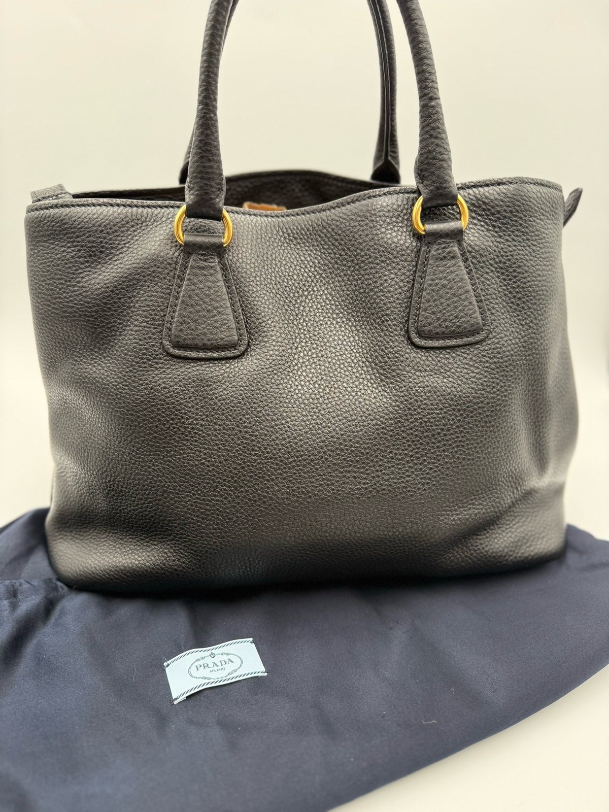 Prada Vitello Daino Pebbled Leather Convertible Shopper Tote Black