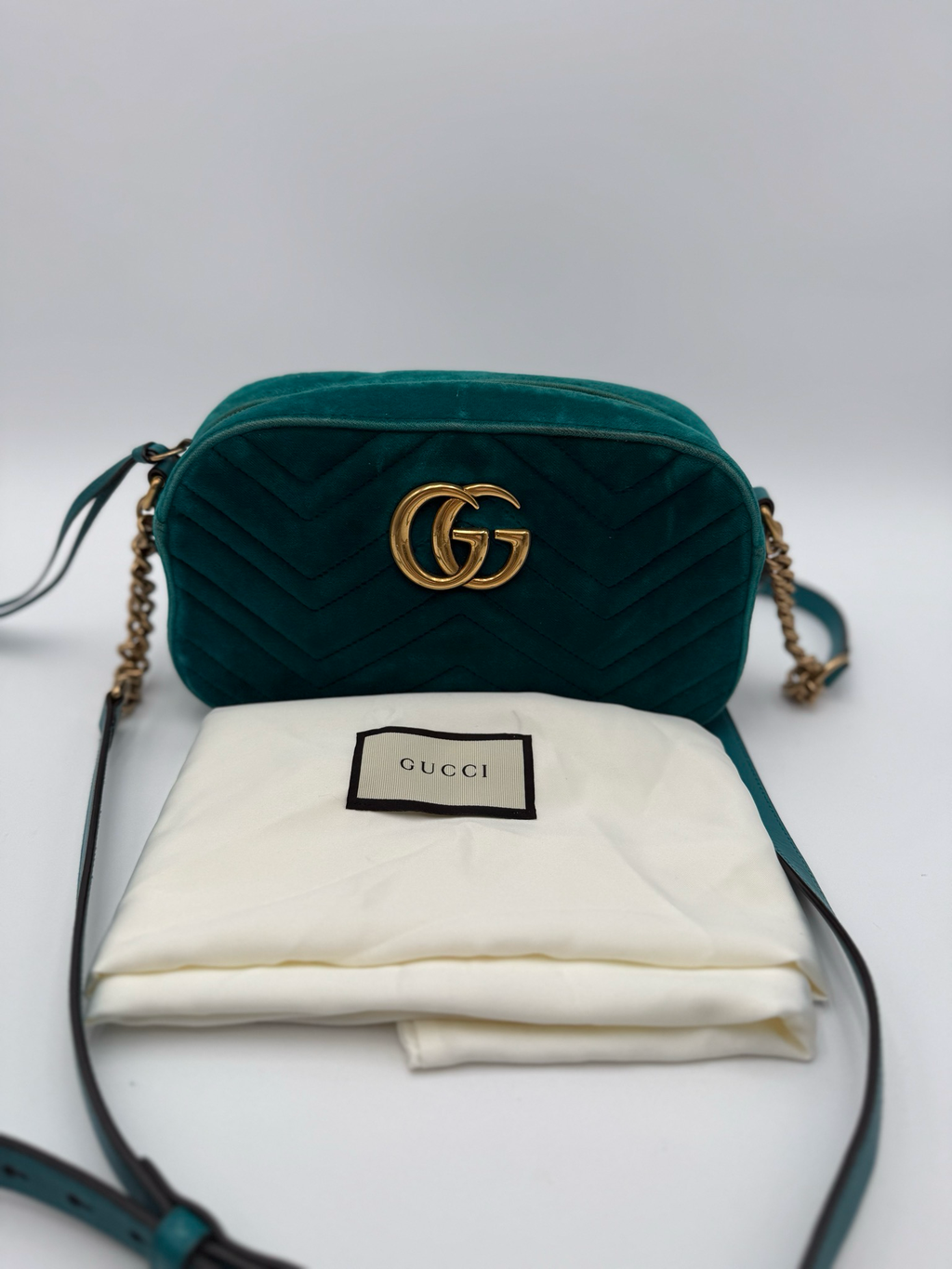 Gucci Marmont Pavone Cyan Velvet Crossbody Camera Bag