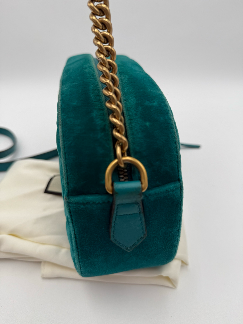 Gucci Marmont Pavone Cyan Velvet Crossbody Camera Bag
