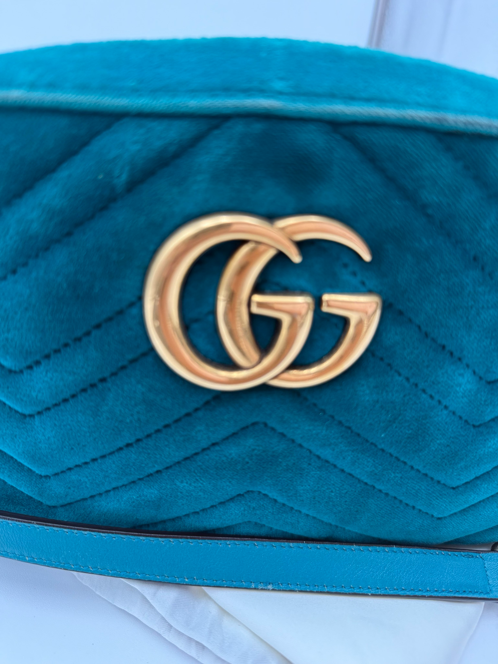Gucci Marmont Pavone Cyan Velvet Crossbody Camera Bag