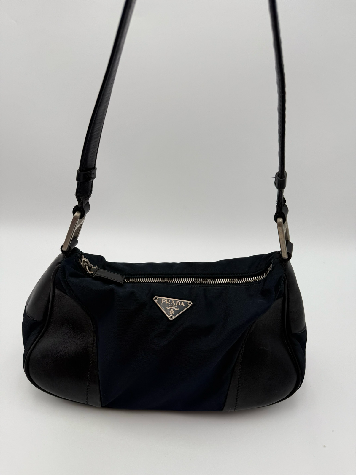 Prada Nylon Tessuto Soft Calf Pochette Shoulder Bag Navy Blue
