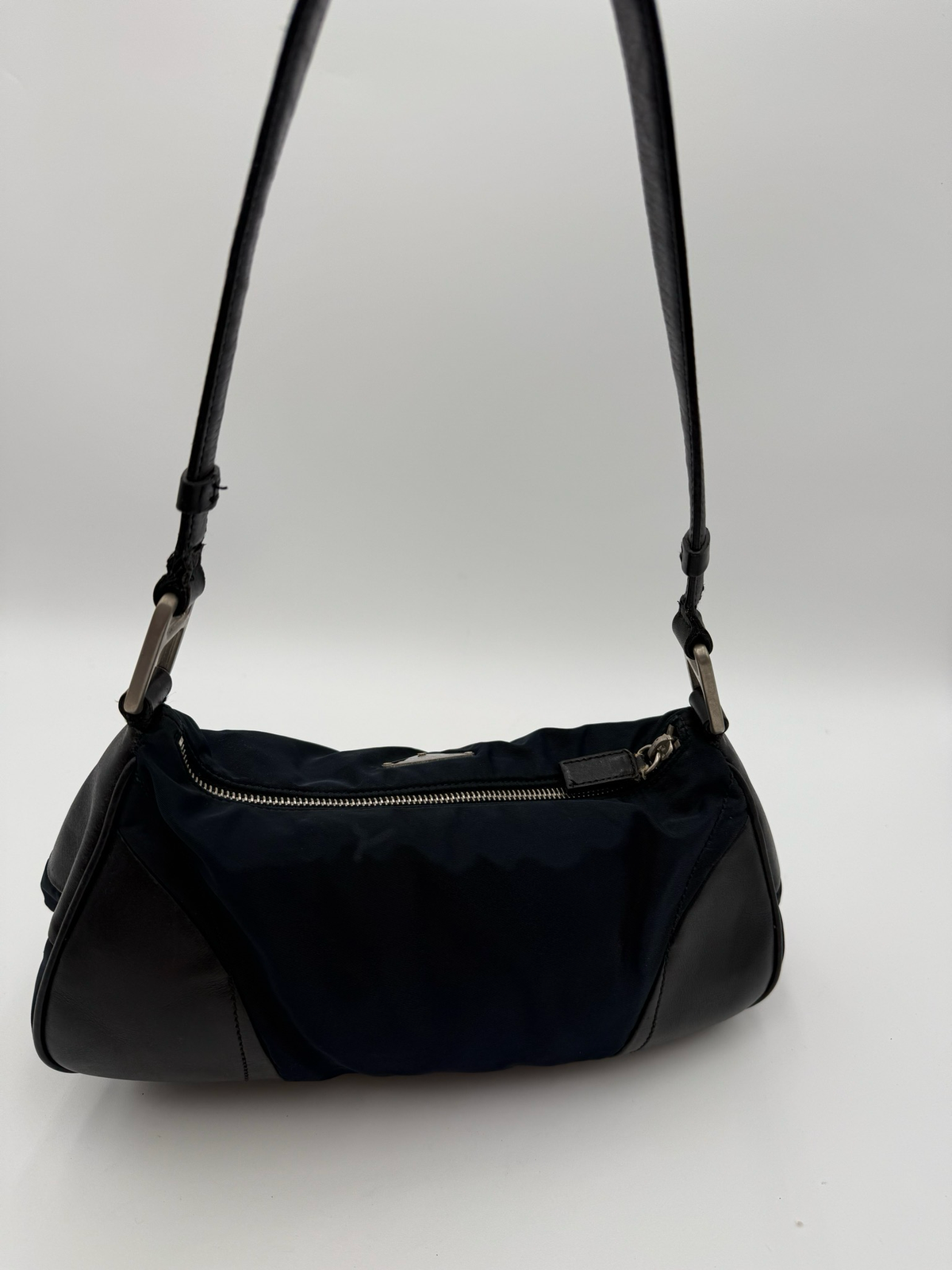 Prada Nylon Tessuto Soft Calf Pochette Shoulder Bag Navy Blue