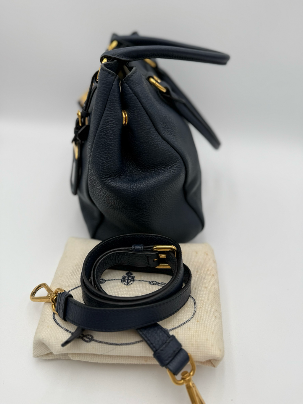 Prada Vitello Daino Messenger Crossbody Navy Blue Front Pocket