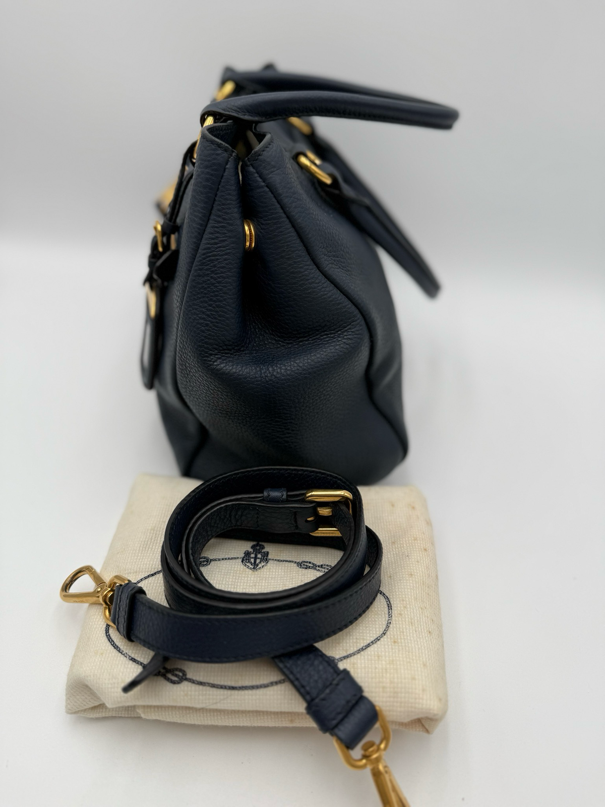 Prada Vitello Daino Messenger Crossbody Navy Blue Front Pocket