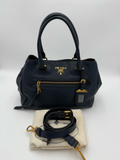 Prada Vitello Daino Messenger Crossbody Navy Blue Front Pocket