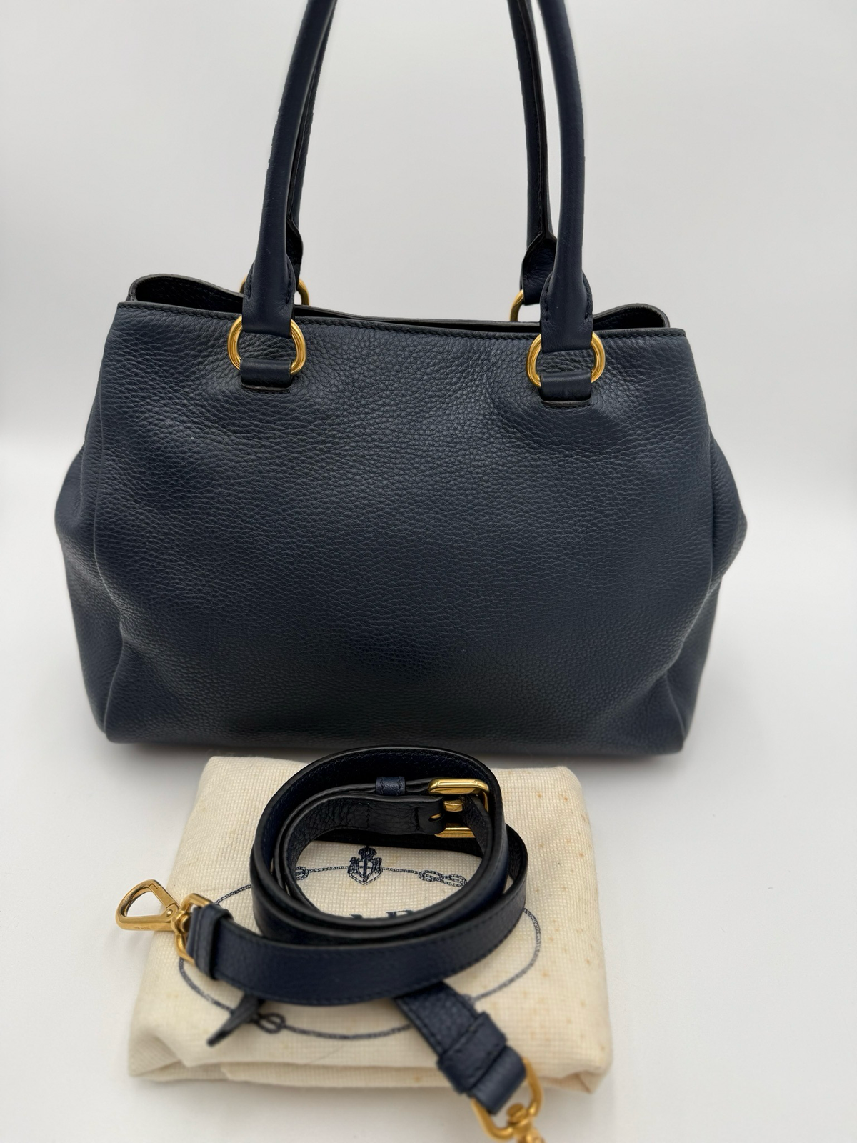 Prada Vitello Daino Messenger Crossbody Navy Blue Front Pocket