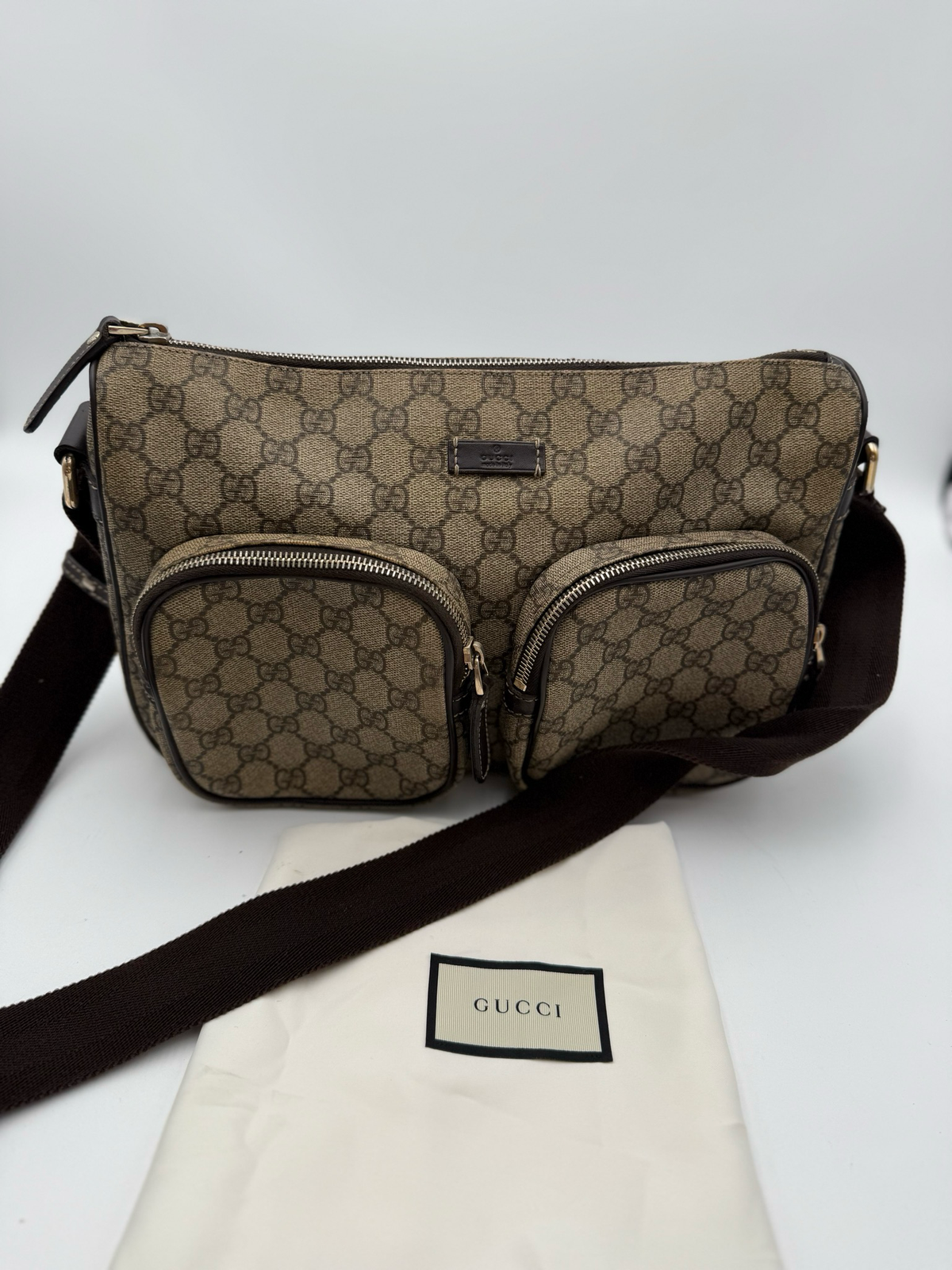 Gucci Supreme Coated Canvas Double Pocket Messenger Crossbody Bag