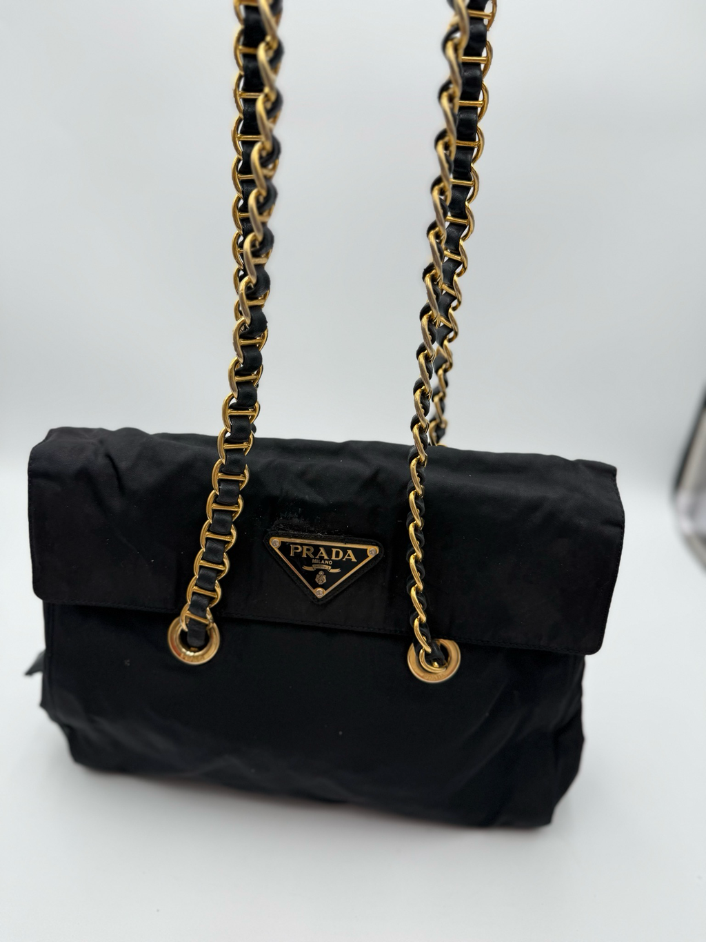 Prada Nylon Tessuto Black Flap Catena Chain Strap