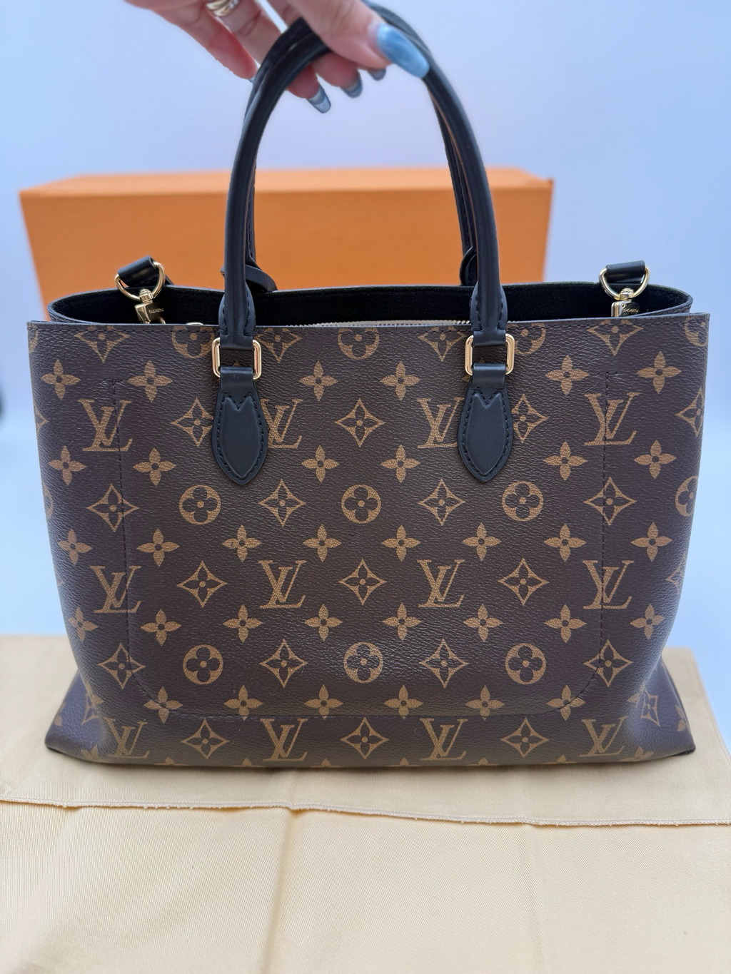 Louis Vuitton Monogram Shoulder Flower Tote Black Leather