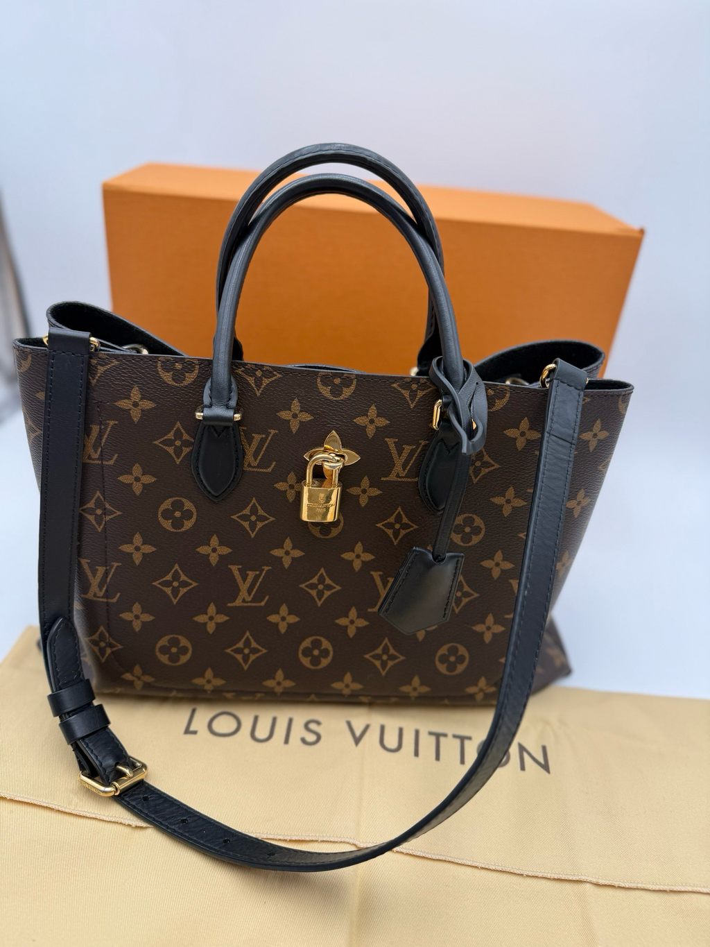 Louis Vuitton Monogram Shoulder Flower Tote Black Leather