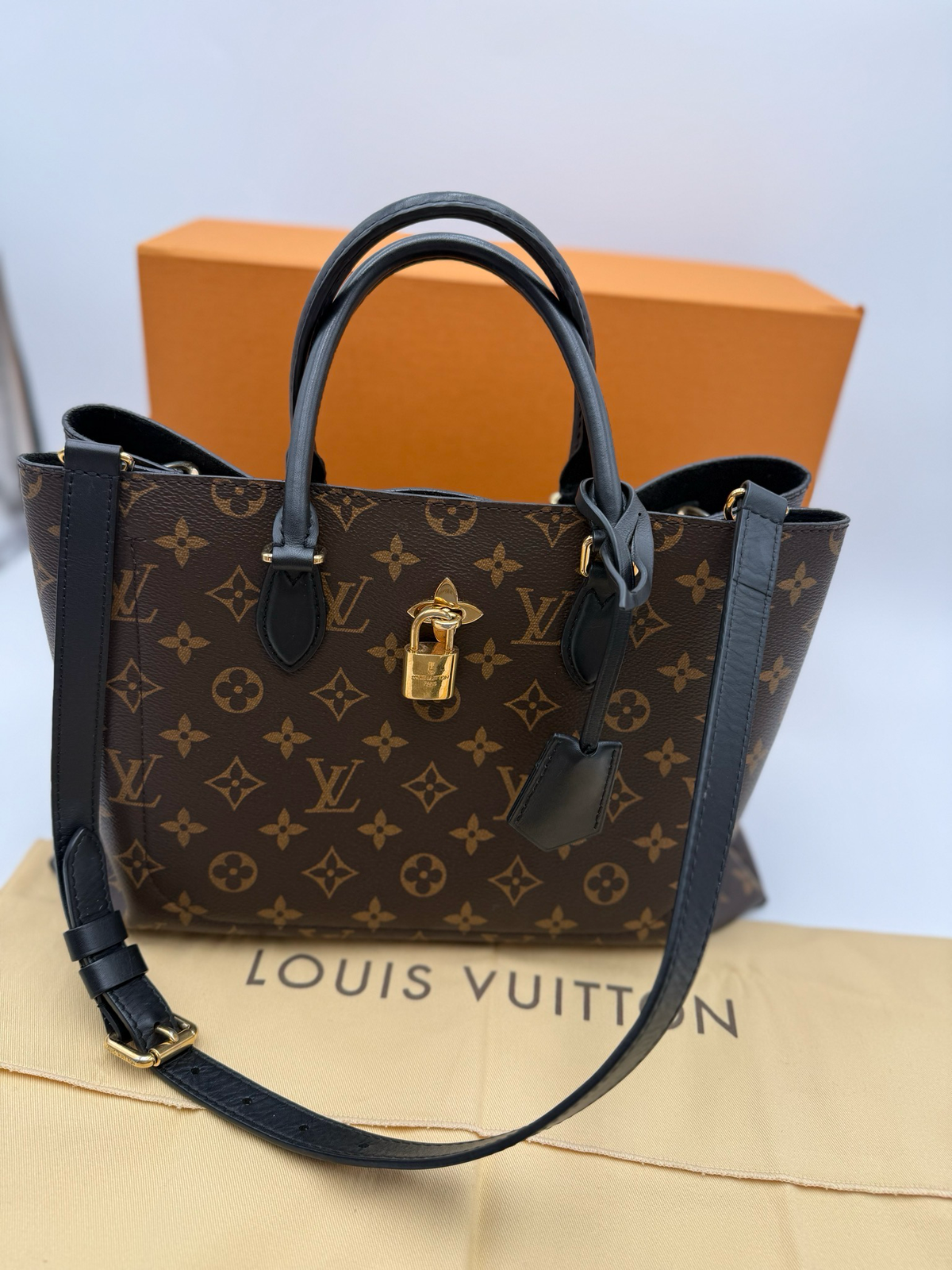 Louis Vuitton Monogram Shoulder Flower Tote Black Leather