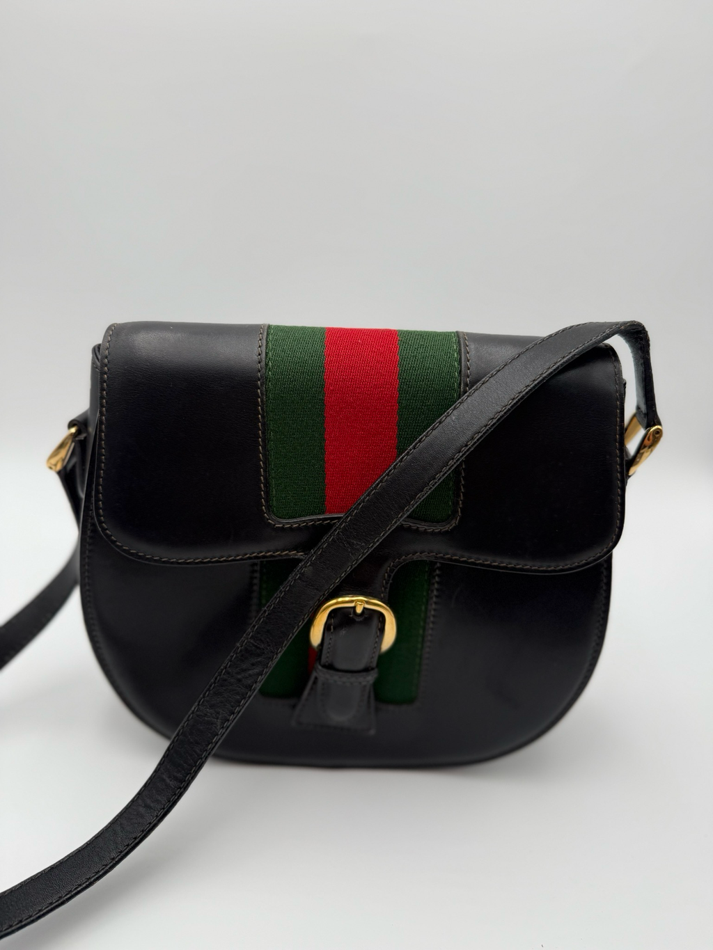Gucci Vintage Saddle Web Crossbody Shoulder Black