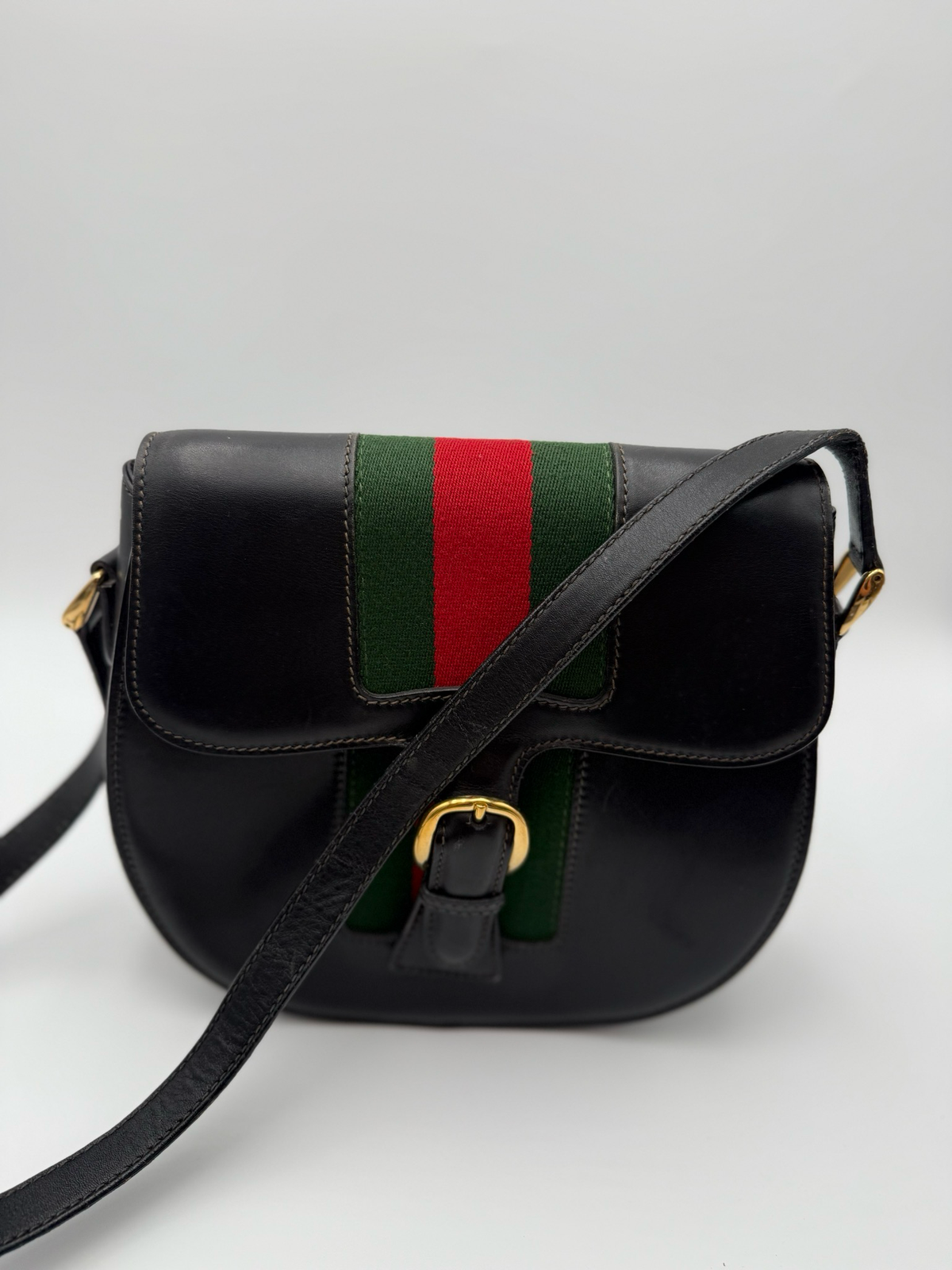 Gucci Vintage Saddle Web Crossbody Shoulder Black