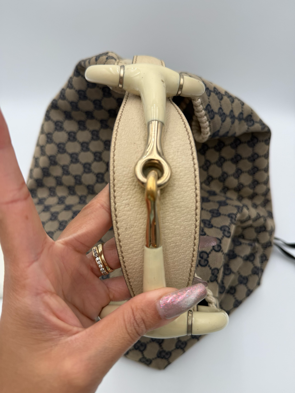 Gucci Monogram Canvas Hobo Horsebit Large Shoulder Bag