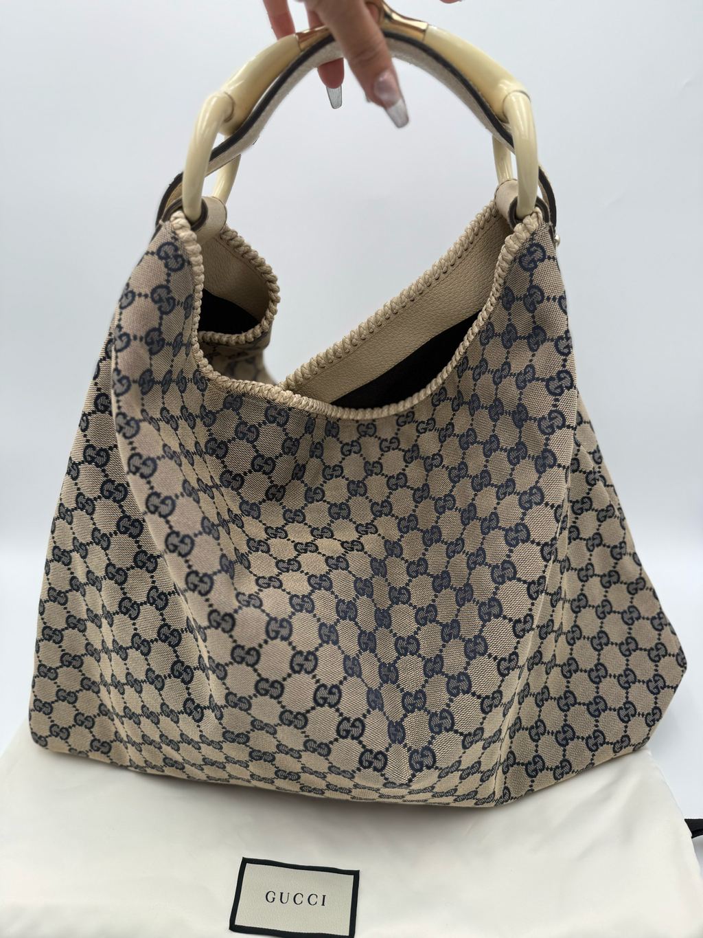 Gucci Monogram Canvas Hobo Horsebit Large Shoulder Bag