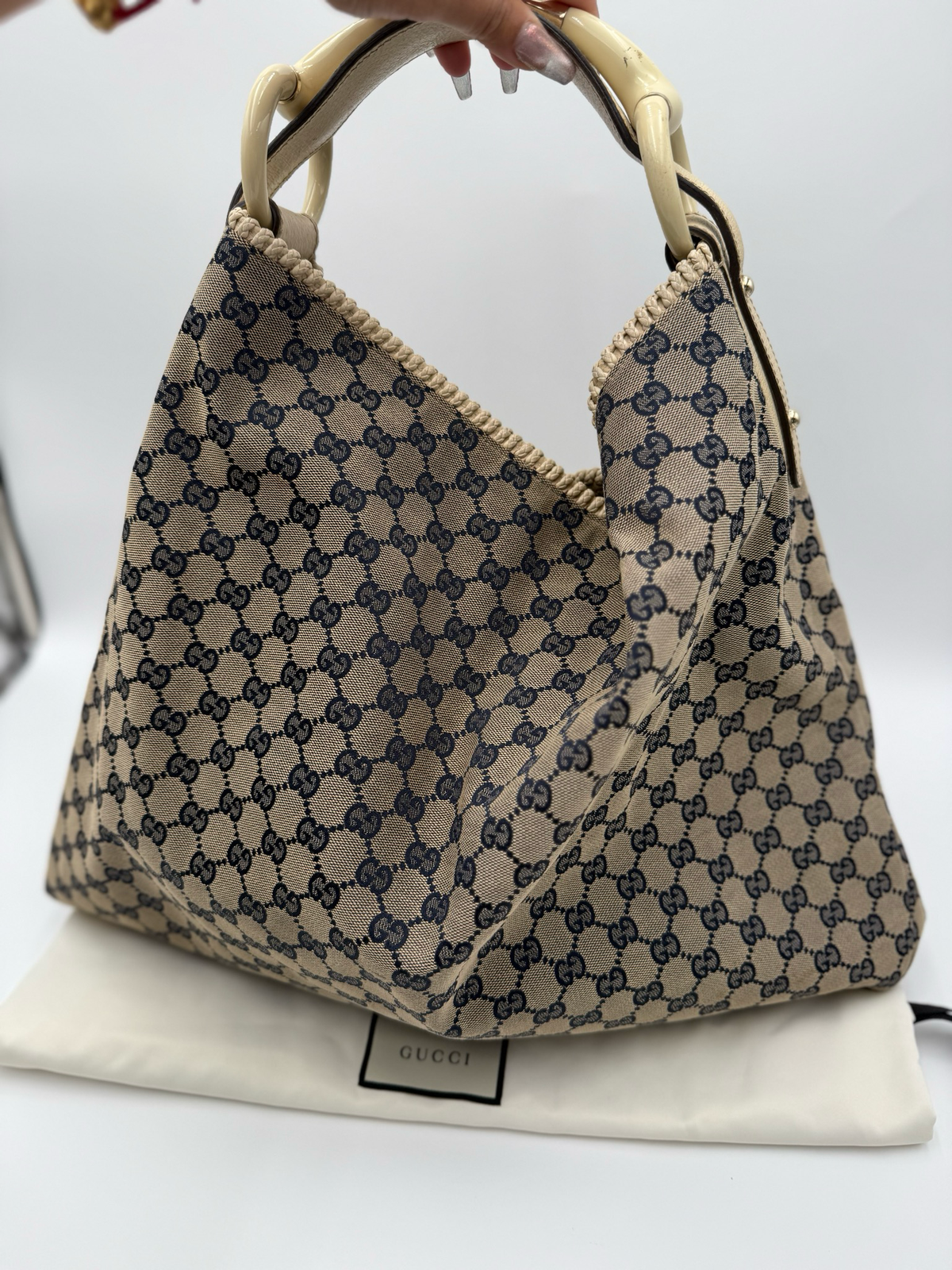 Gucci Monogram Canvas Hobo Horsebit Large Shoulder Bag