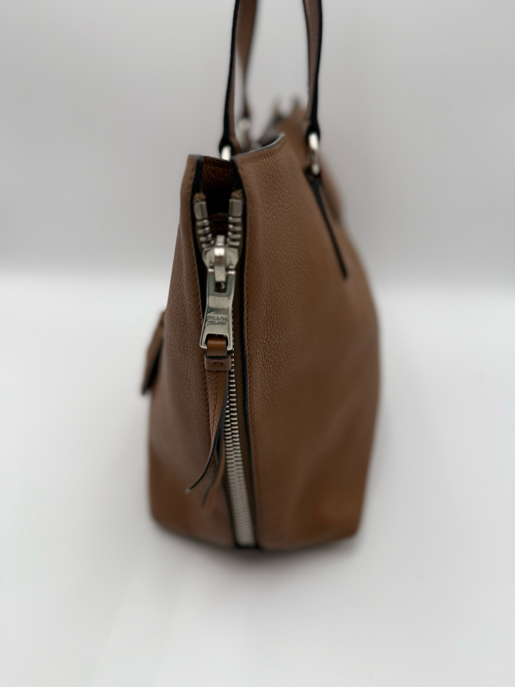Prada Vitello Daino Side Zippers Shoulder Bag Long Strap Tote