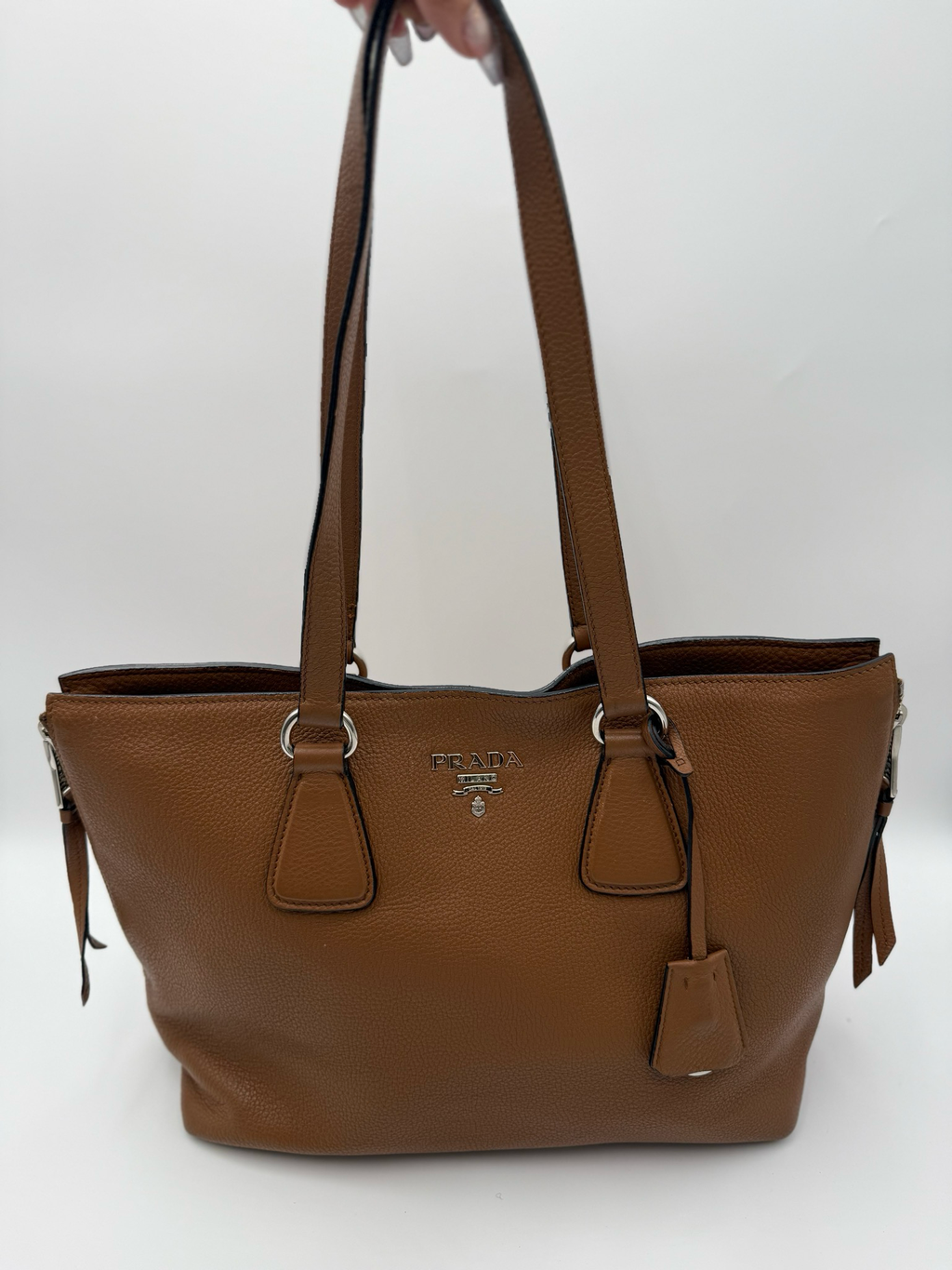 Prada Vitello Daino Side Zippers Shoulder Bag Long Strap Tote