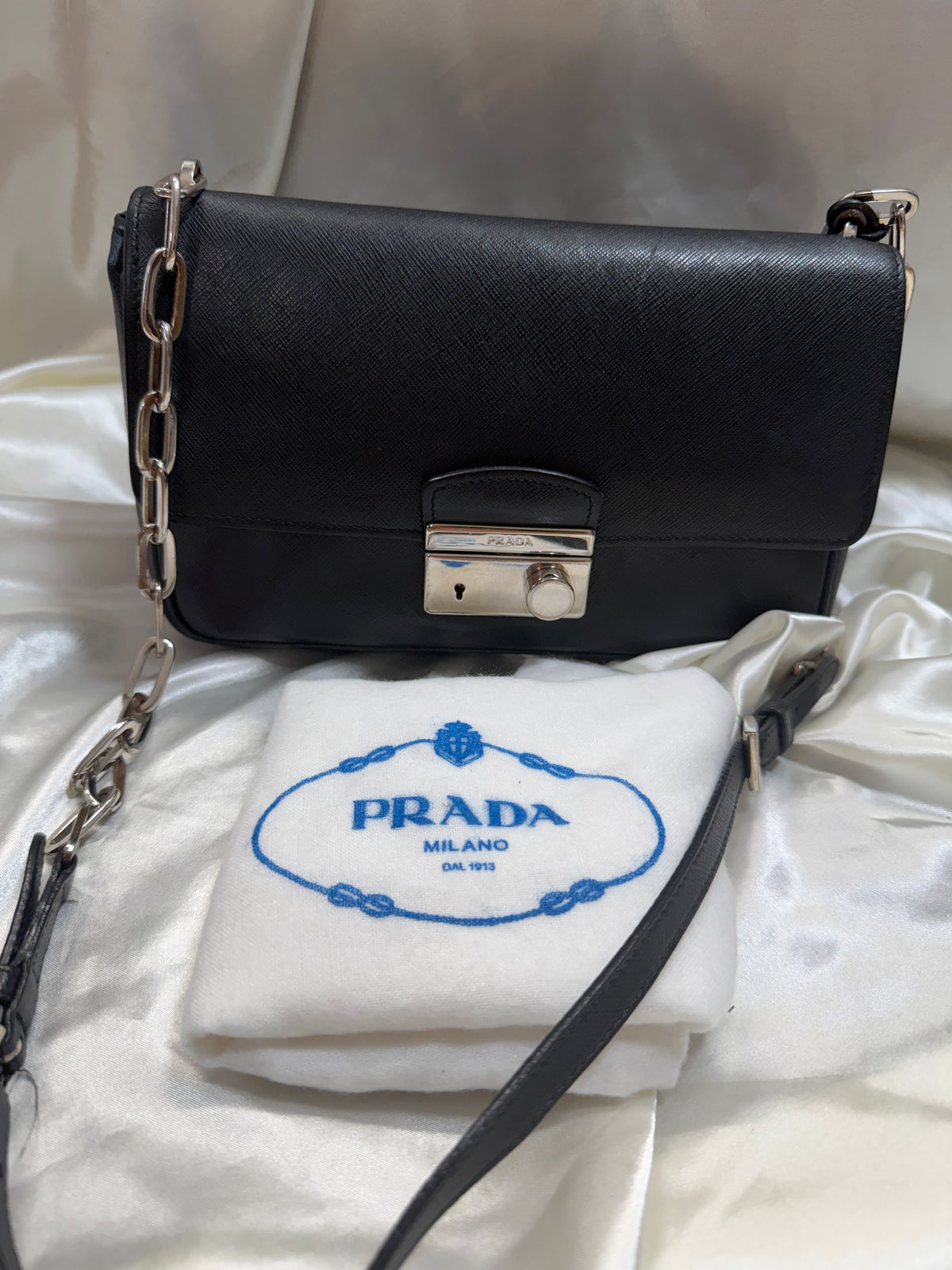 Prada Saffiano Lock Flap Chain Strap Crossbody in Black