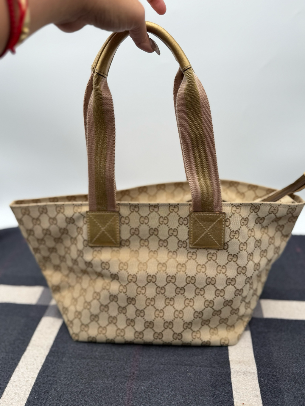 Gucci Monogram Web Tote Medium Bucket Bag Zipper