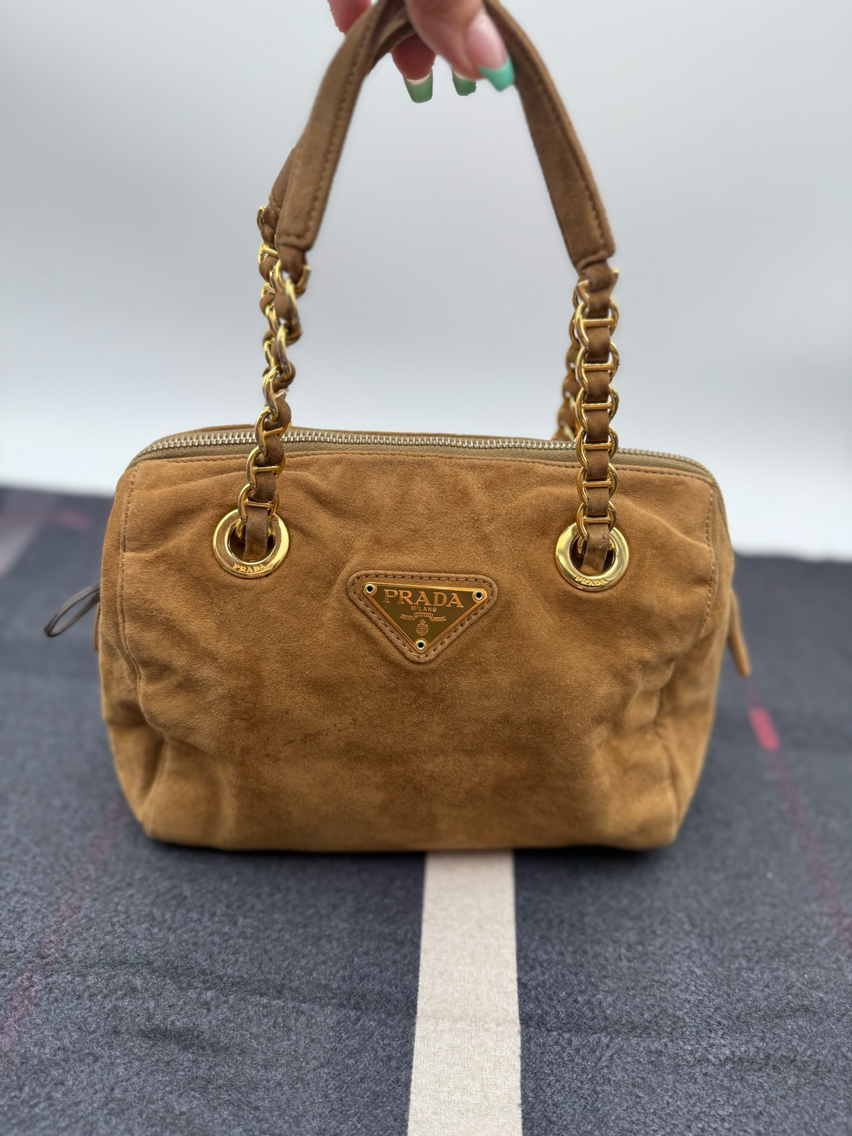 Prada Suede Small Boston Handbag Shoulder