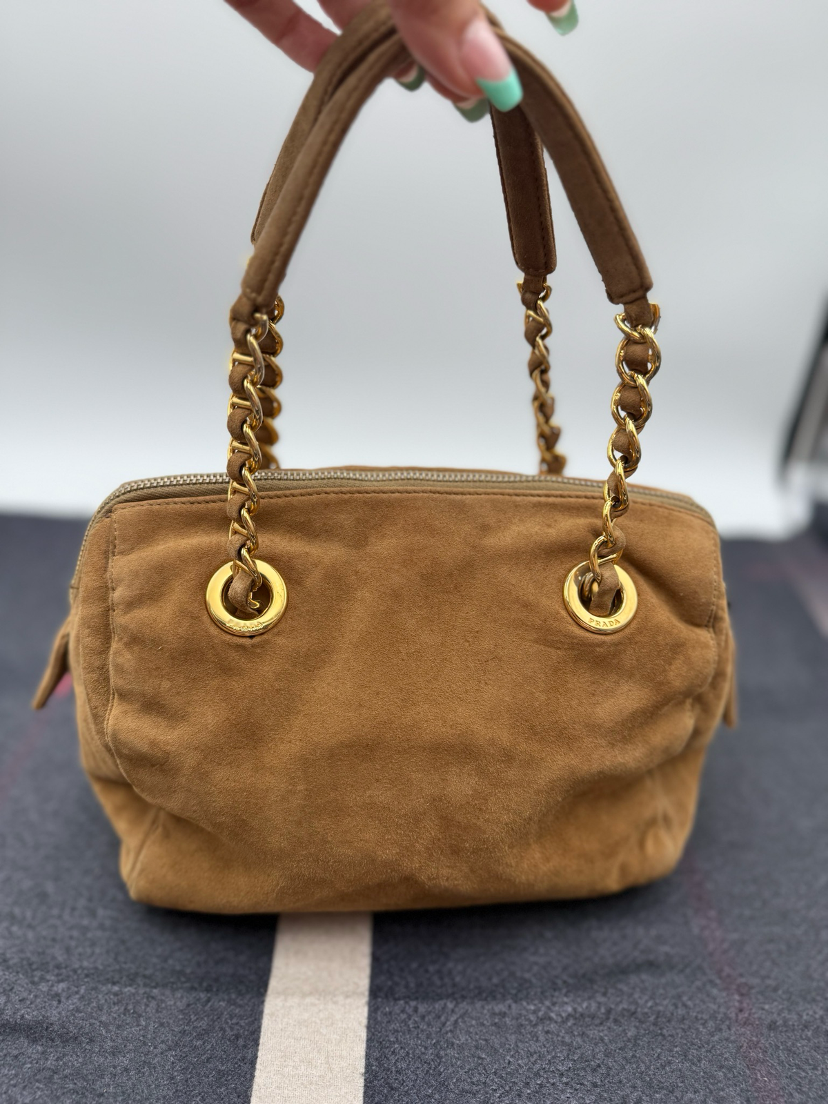 Prada Suede Small Boston Handbag Shoulder