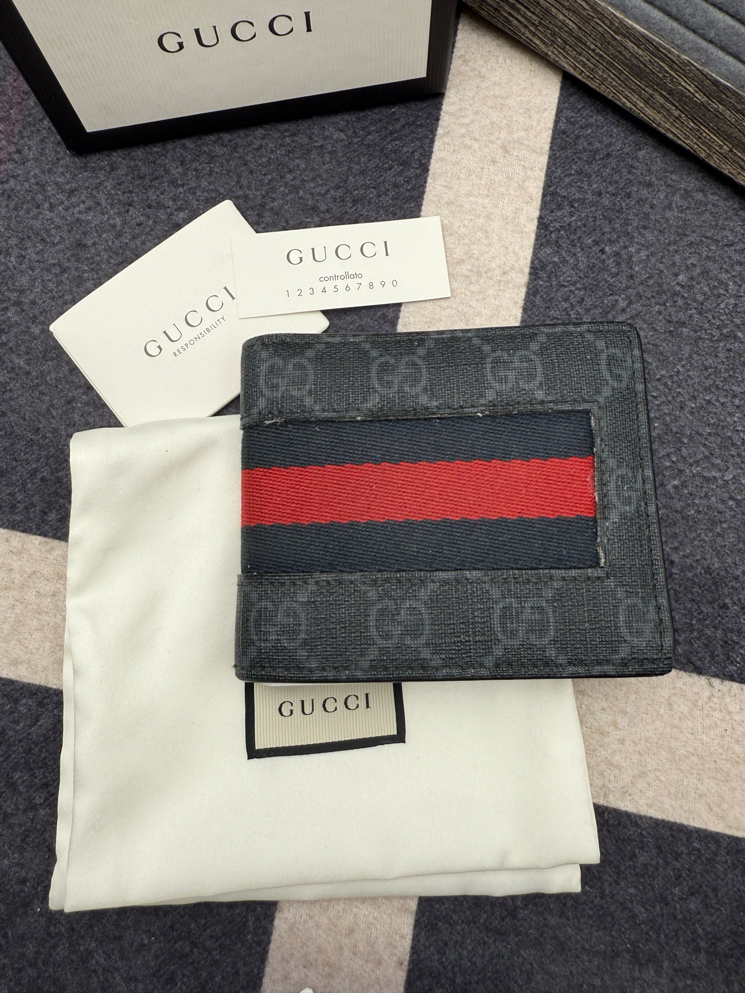 Gucci Web Flap Bi-Fold Wallet Supreme Monogram Selleria