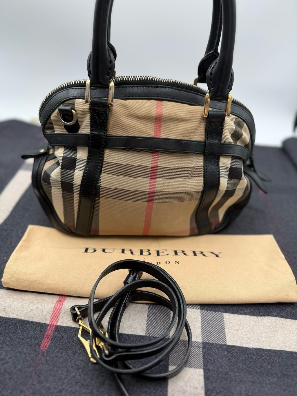 Burberry Bridle Calfskin Bowling Tote Dome Crossbody House Check