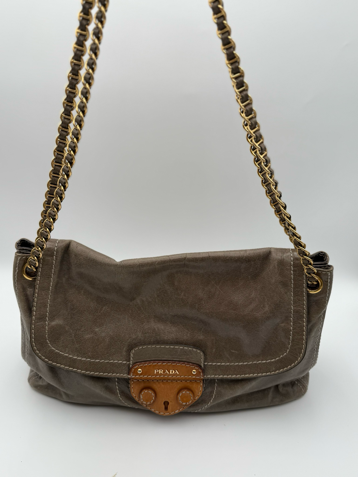 Prada Vitello Shine Flap Pushlock Crossbody Messenger Chain Strap Shoulder Bag
