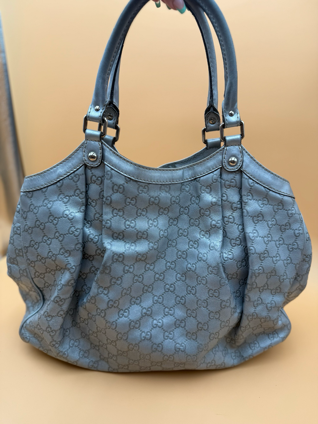 Gucci Sukey Monogram Leather Large Tote Metallic Silver