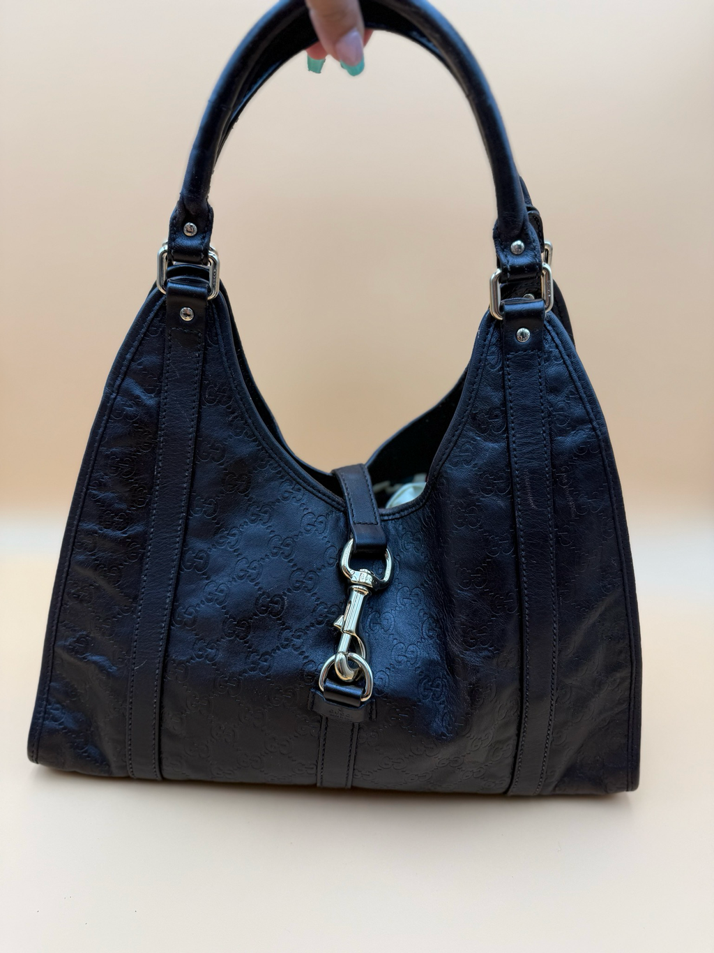 Gucci Monogram Leather Jackie Bardot Tote