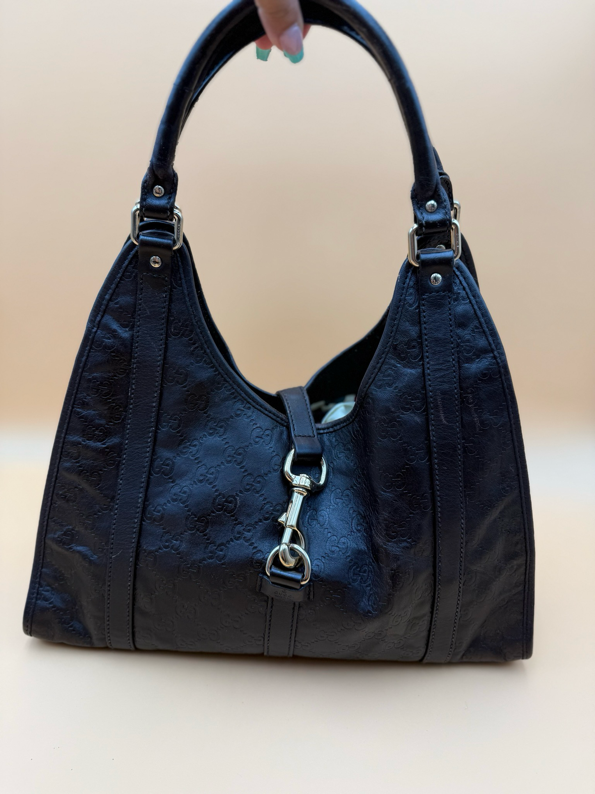 Gucci Monogram Leather Jackie Bardot Tote