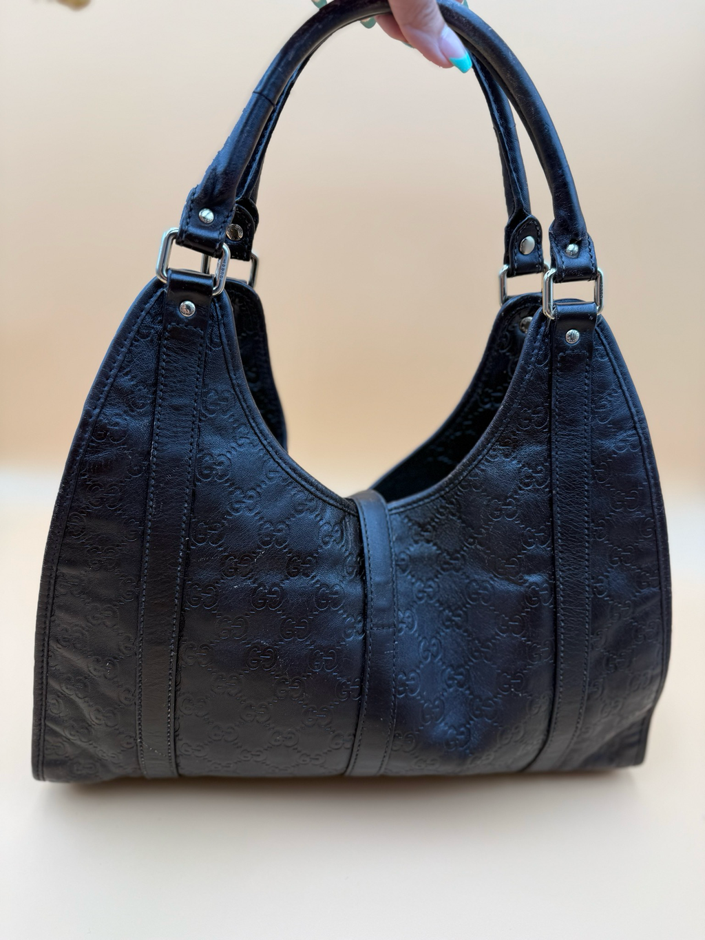 Gucci Monogram Leather Jackie Bardot Tote