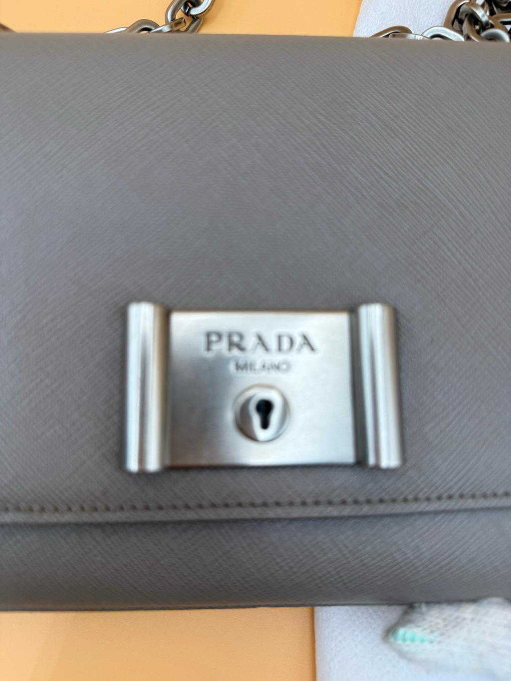 Prada Saffiano Lux Lock Chain Flap Grey Crossbody Messenger