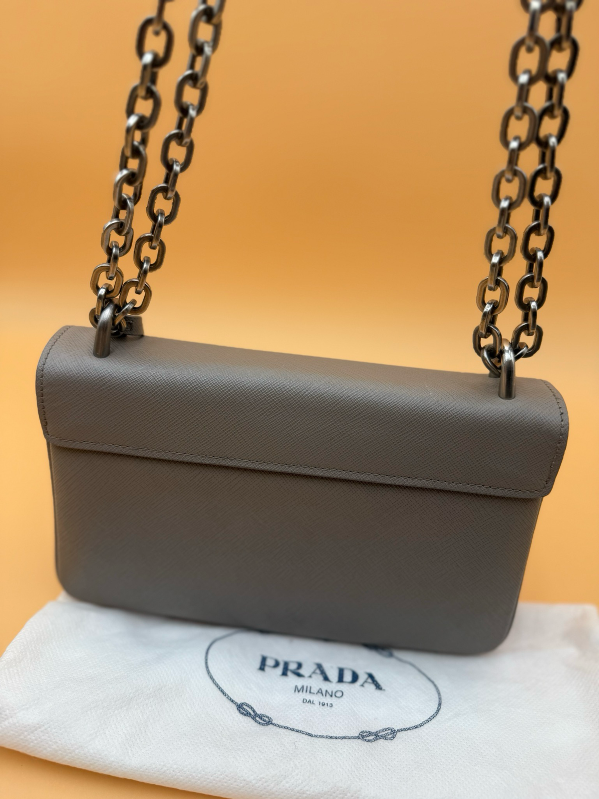 Prada Saffiano Lux Lock Chain Flap Grey Crossbody Messenger