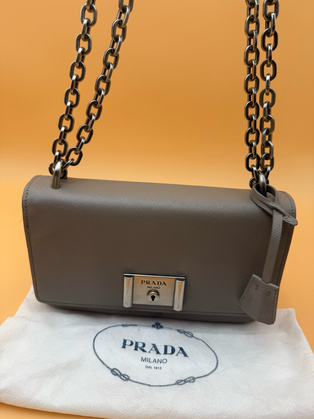 Prada Saffiano Lux Lock Chain Flap Grey Crossbody Messenger