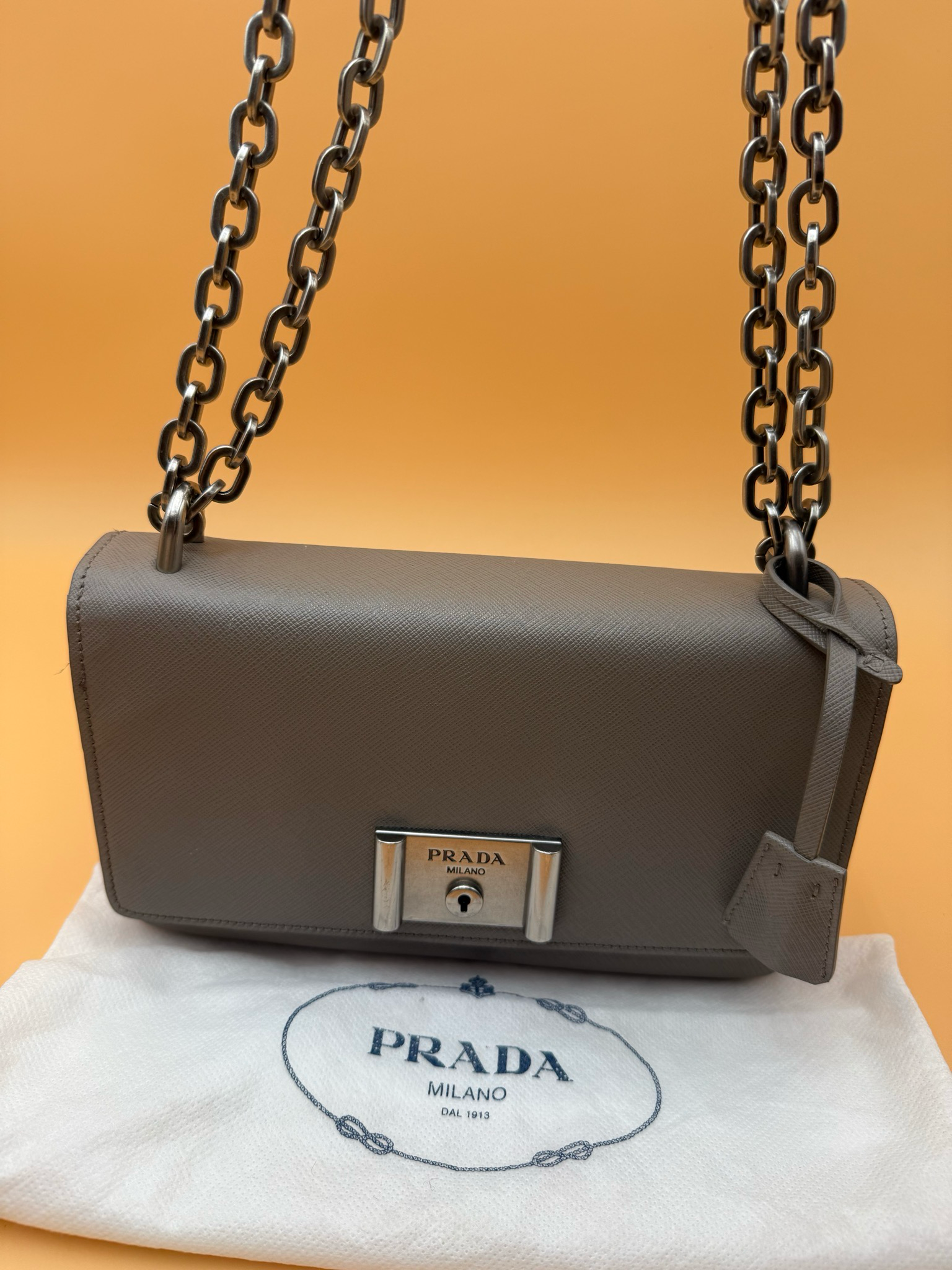 Prada Saffiano Lux Lock Chain Flap Grey Crossbody Messenger